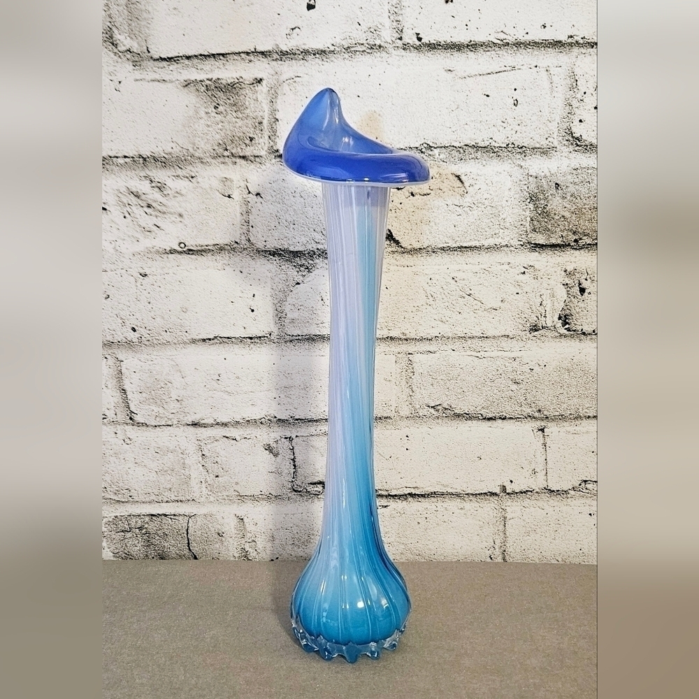Vintage Blue Swung Glass Vase 16 Inch Mid Century Ombre Art Glass